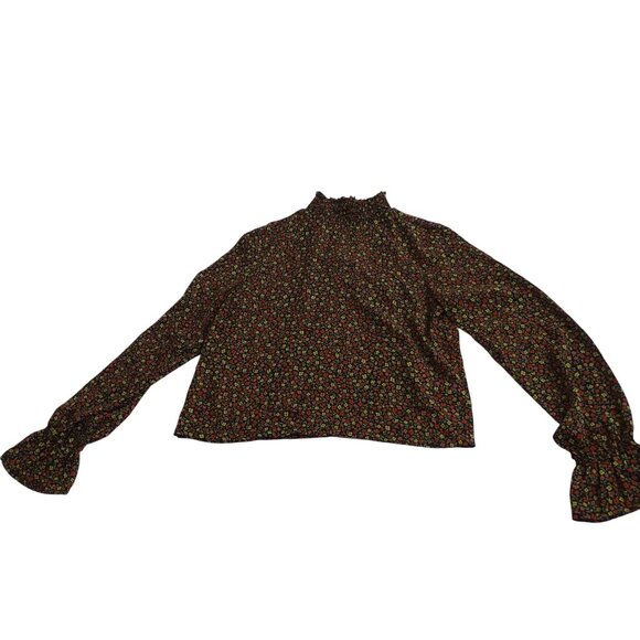 Twik Par Simons Black Floral Long Sleeve Smocked High Neck Top Women Size XS - Picture 1 of 12